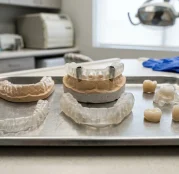 Medical and dental 3D printed translucent surgical guides and aligners on tray (AI Generated Image)