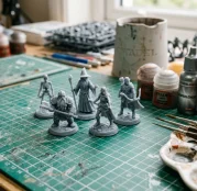 Detailed resin printed tabletop fantasy miniatures on cutting mat with paints (AI Generated Image)