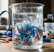 Dual extruder 3D printed impeller submerged in beaker dissolving PVA supports (AI Generated Image)